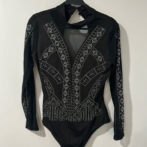 Brand new. Never been worn sparkly black body suit with sheer v-neckline. Size M